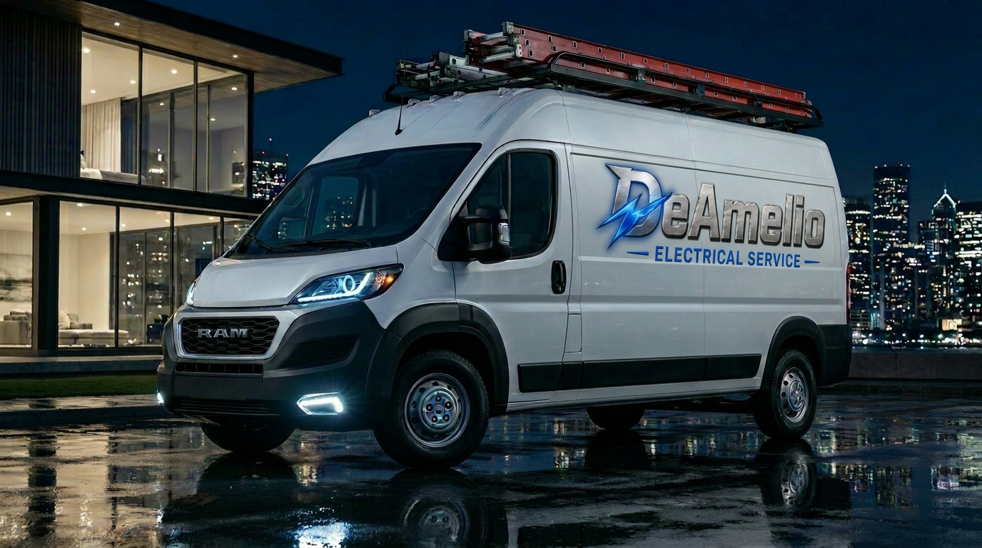 DeAmelio Electrical Service van at a modern home at night